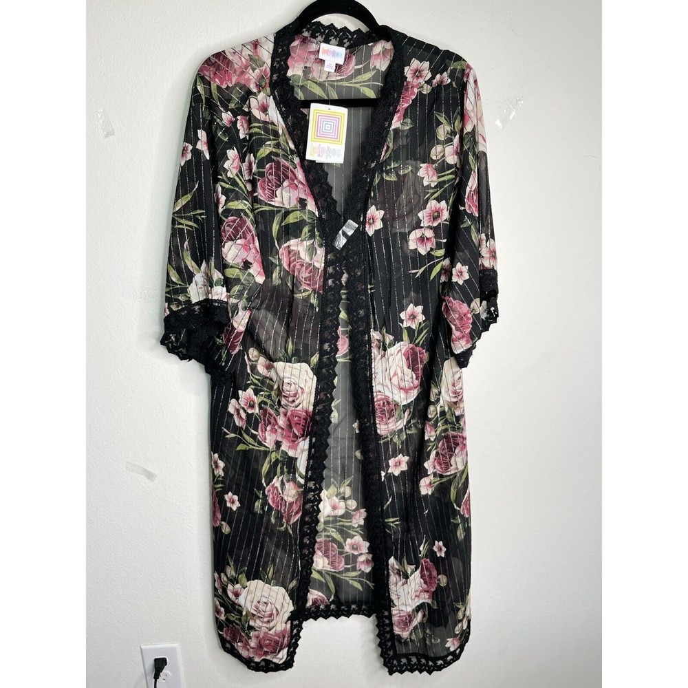 NWT LuLaRoe M Floral Sheer Cover Up Lace Crochet Kimono Midi Open Front Oversize